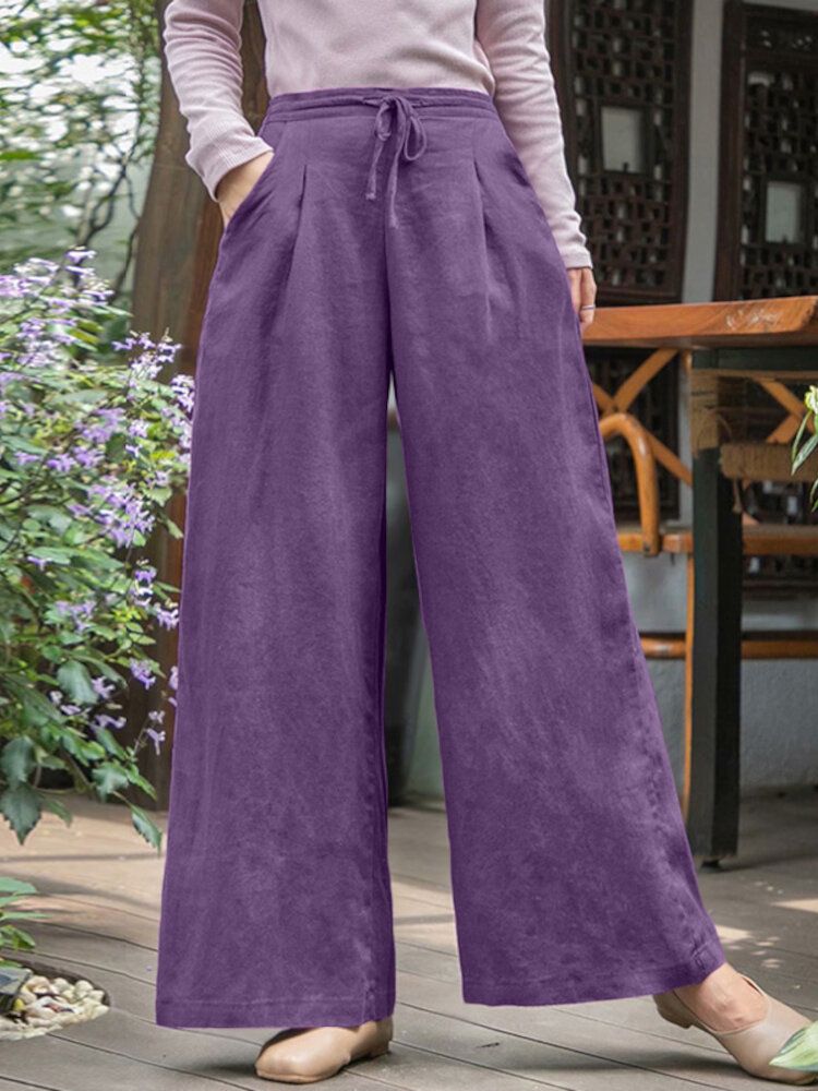 Pantalones Anchos De Pierna Ancha Con Cordón Informal Plisado De Color Sólido Para Mujer Con Bolsillo