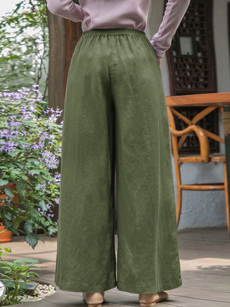 Pantalones Anchos De Pierna Ancha Con Cordón Informal Plisado De Color Sólido Para Mujer Con Bolsillo