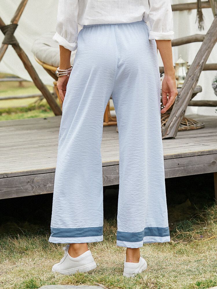 Pantalones Anchos De Pierna Ancha Con Cordón Informal Y Puños A Rayas Para Mujer Con Bolsillo