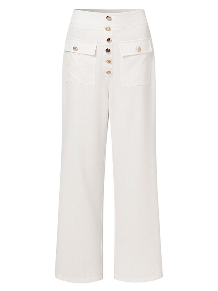 Pantalones Anchos De Pierna Ancha Con Cremallera Y Botones De Cintura Alta De Color Sólido Informal Para Mujer