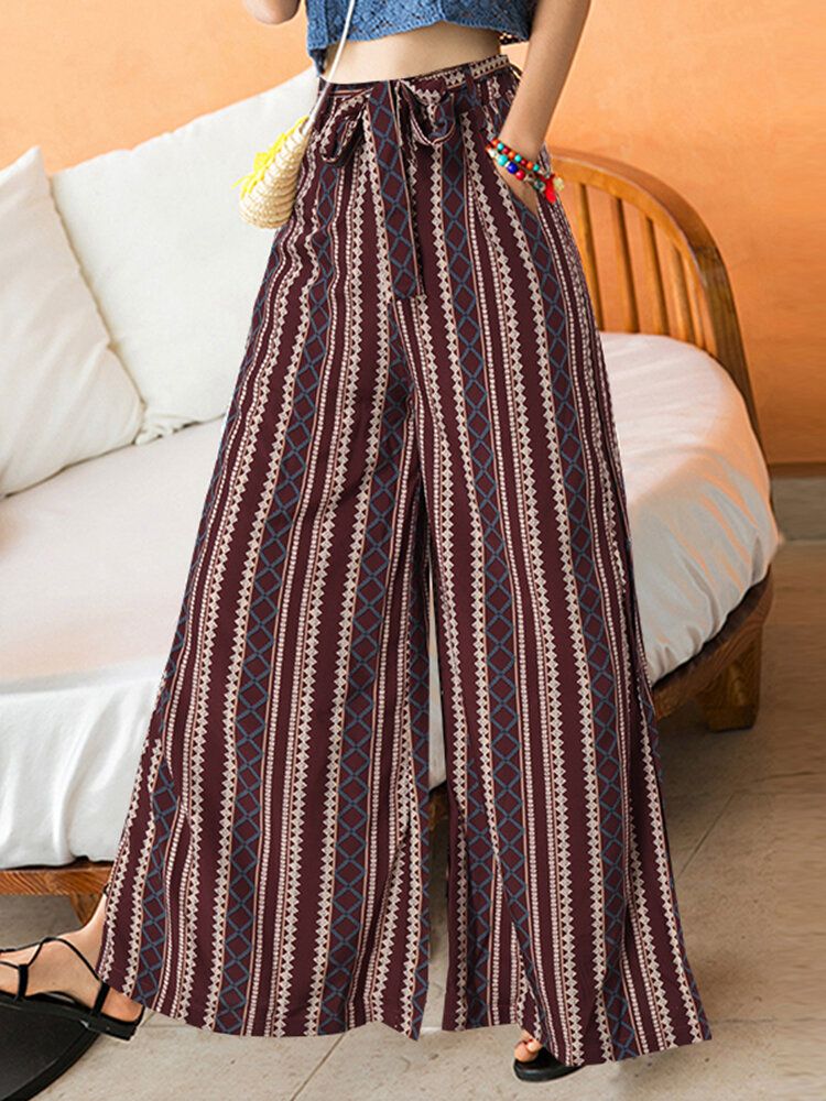 Pantalones Anchos De Pierna Ancha Con Cremallera Y Cintura Alta Con Estampado Geométrico De Bohemia Para Mujer