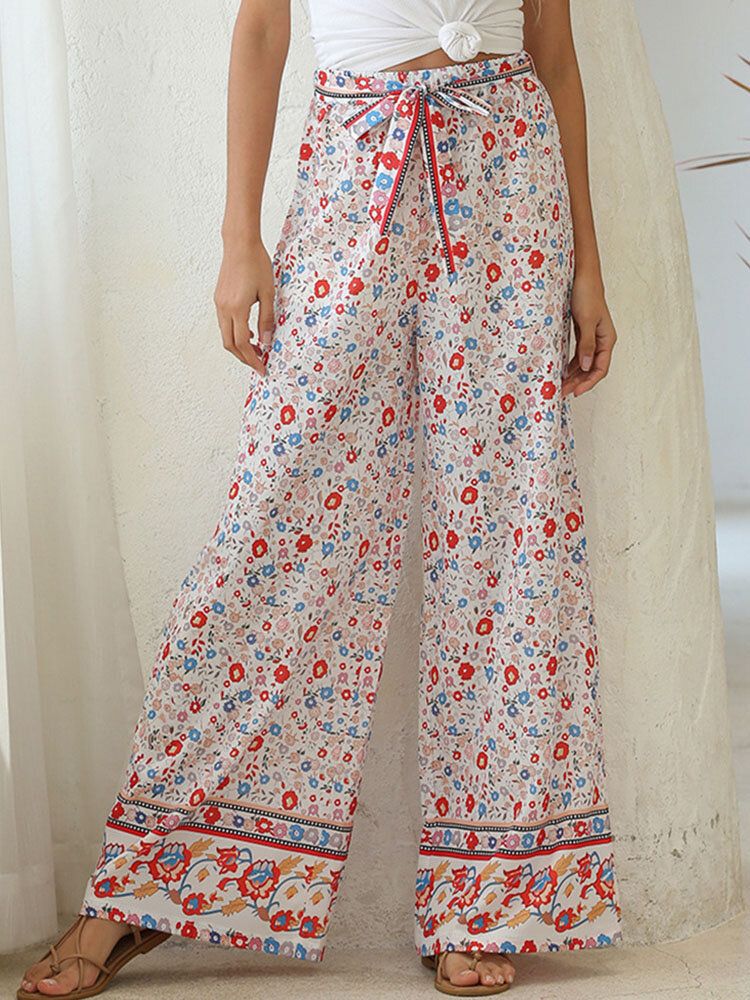 Pantalones Anchos De Pierna Ancha Étnicos De Vacaciones Con Estampado Floral Anudado De Cintura Alta Bohemia