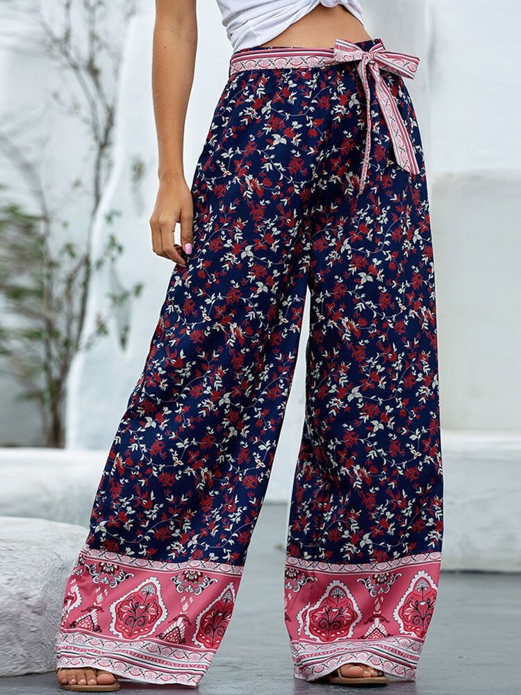 Pantalones Anchos De Pierna Ancha Étnicos De Vacaciones Con Estampado Floral Anudado De Cintura Alta Bohemia