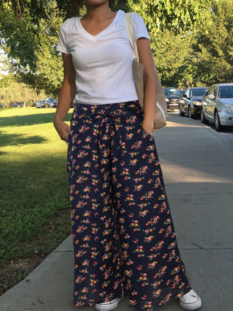 Pantalones Anchos De Pierna Ancha Vintage Con Cintura Elástica Alta Y Estampado Floral Para Mujer Con Bolsillo