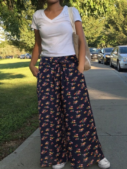 Pantalones Anchos De Pierna Ancha Vintage Con Cintura Elástica Alta Y Estampado Floral Para Mujer Con Bolsillo