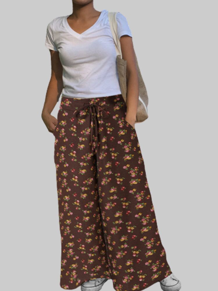 Pantalones Anchos De Pierna Ancha Vintage Con Cintura Elástica Alta Y Estampado Floral Para Mujer Con Bolsillo