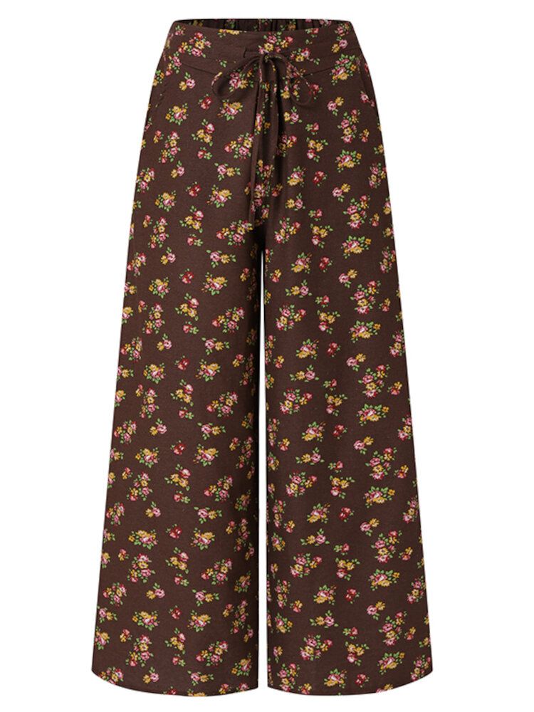 Pantalones Anchos De Pierna Ancha Vintage Con Cintura Elástica Alta Y Estampado Floral Para Mujer Con Bolsillo