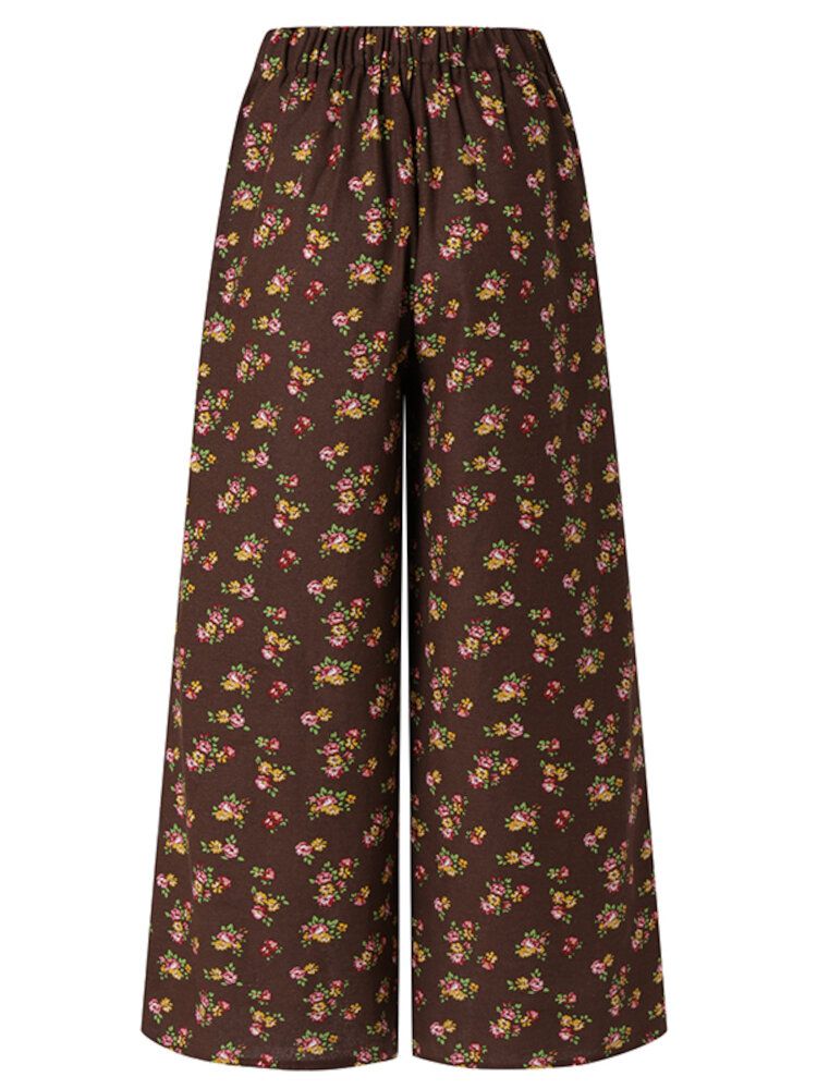 Pantalones Anchos De Pierna Ancha Vintage Con Cintura Elástica Alta Y Estampado Floral Para Mujer Con Bolsillo