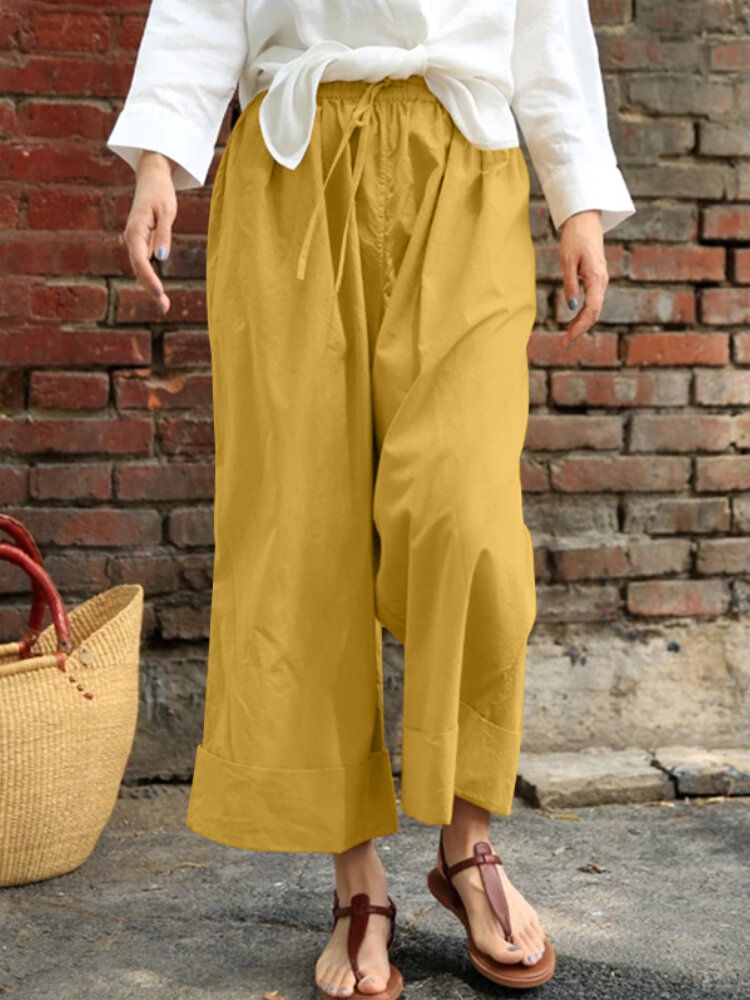 Pantalones Anchos De Pierna Ancha Vintage Con Cintura Sólida Con Cordón De Cintura Para Mujer Con Bolsillos