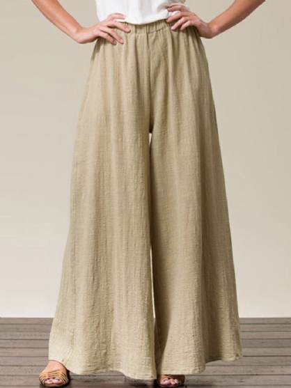 Pantalones Anchos Sueltos Casuales De Cintura Alta Elásticos De Color Sólido Para Mujer