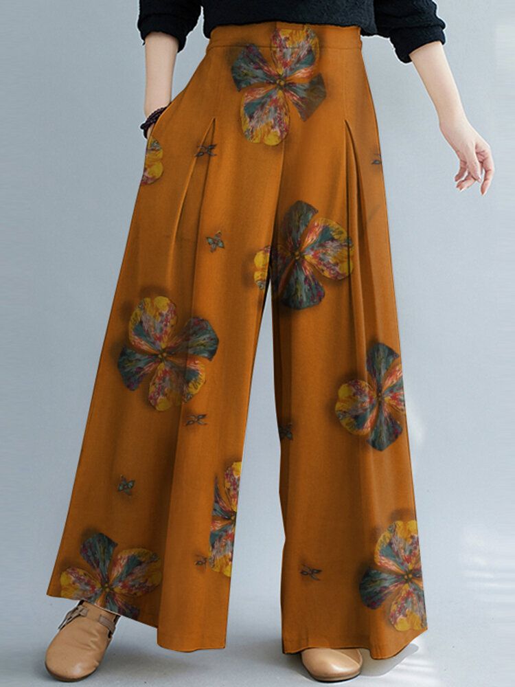 Pantalones Anchos Sueltos Casuales De Cintura Elástica Con Estampado Floral Vintage Para Mujer Con Bolsillo