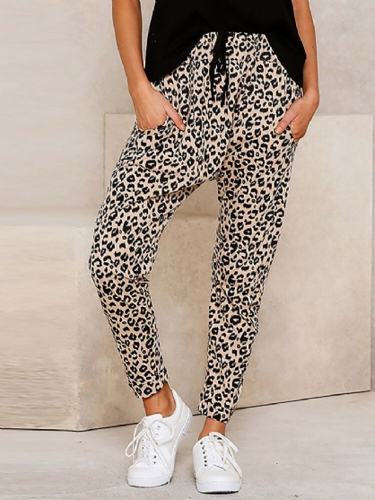 Pantalones De Bolsillo De Cintura Con Cordón Y Estampado De Leopardo Para Mujer