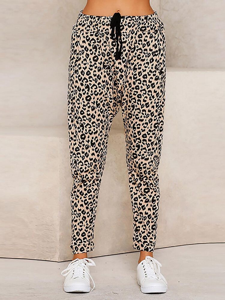 Pantalones De Bolsillo De Cintura Con Cordón Y Estampado De Leopardo Para Mujer