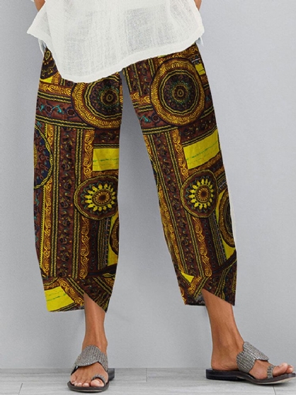 Pantalones De Bolsillo Con Dobladillo Irregular Con Cintura Elástica Con Estampado Floral Retro Para Mujer