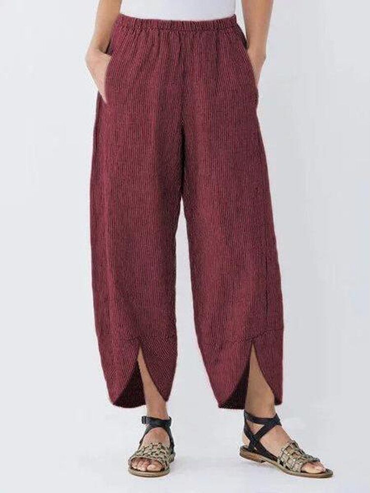 Pantalones De Bolsillo Con Dobladillo Irregular Informal De Cintura Alta De Color Sólido De Pana