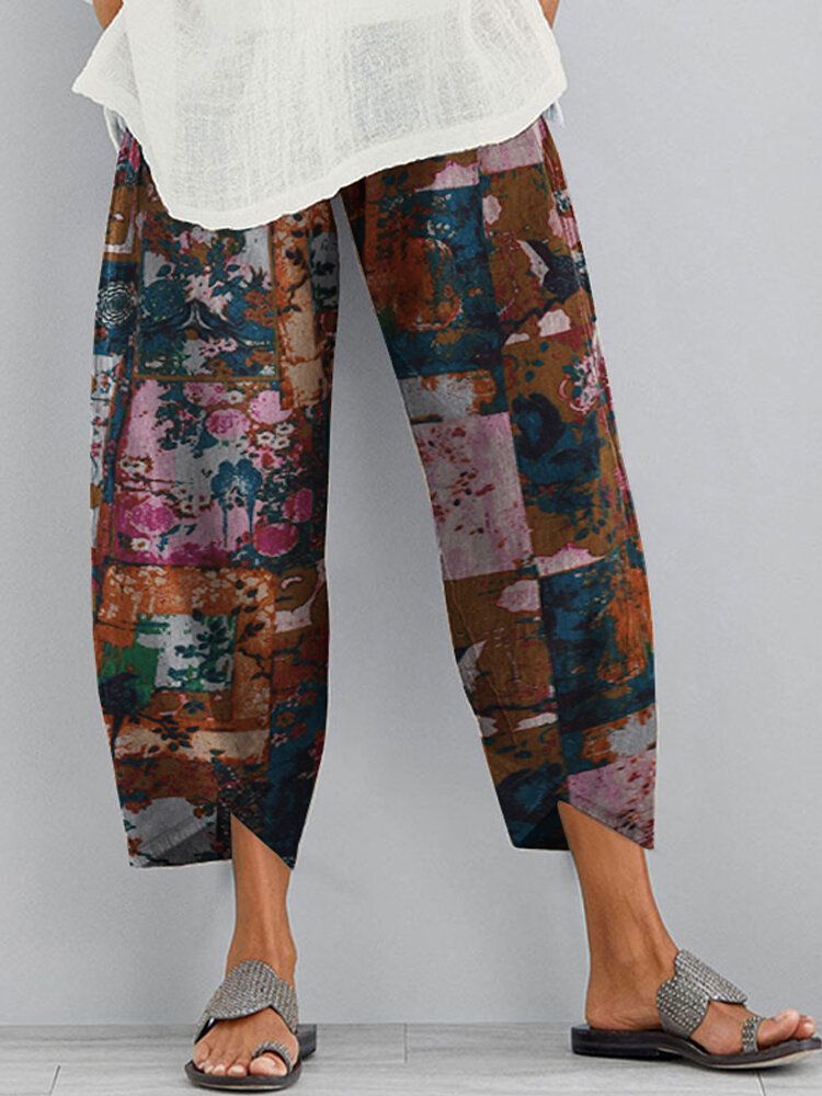 Pantalones De Bolsillo Con Dobladillo Irregular Sueltos Con Estampado Floral Wasit Elástico Para Mujer