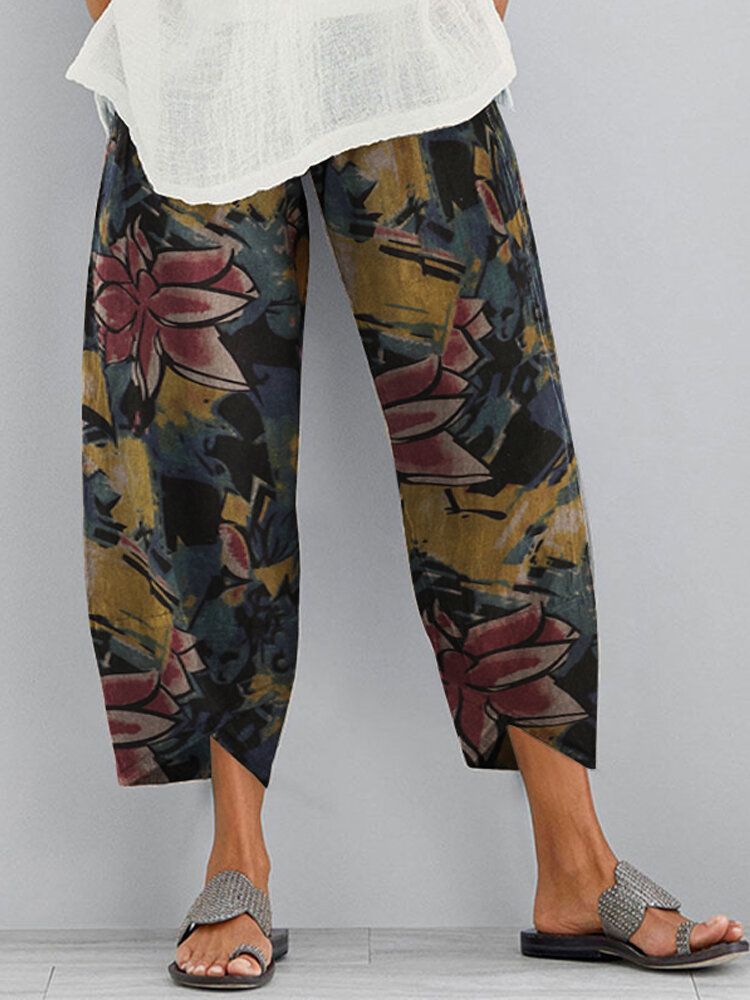 Pantalones De Bolsillo Con Dobladillo Irregular Sueltos Con Estampado Floral Wasit Elástico Para Mujer