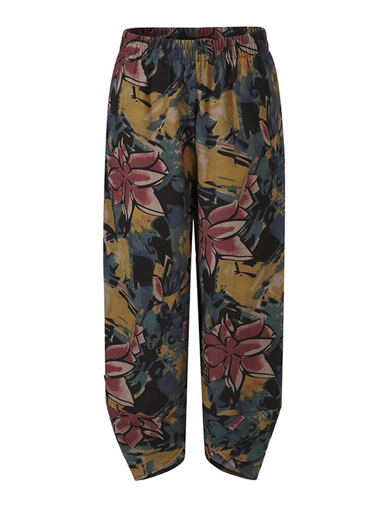 Pantalones De Bolsillo Con Dobladillo Irregular Sueltos Con Estampado Floral Wasit Elástico Para Mujer