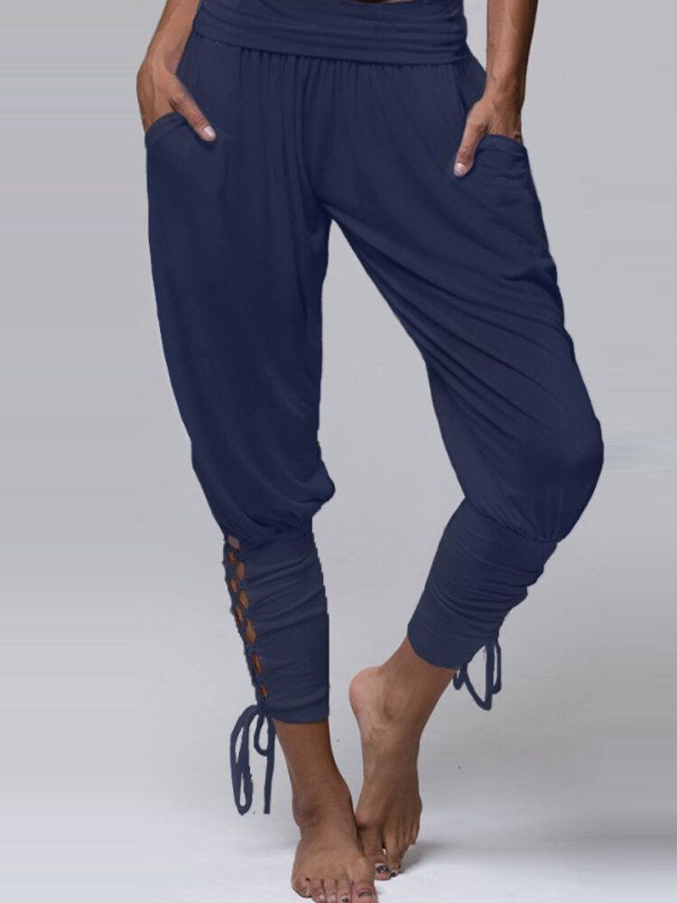 Pantalones De Bolsillo De Vendaje Deportivo De Yoga De Cintura Alta De Color Sólido Para Mujer