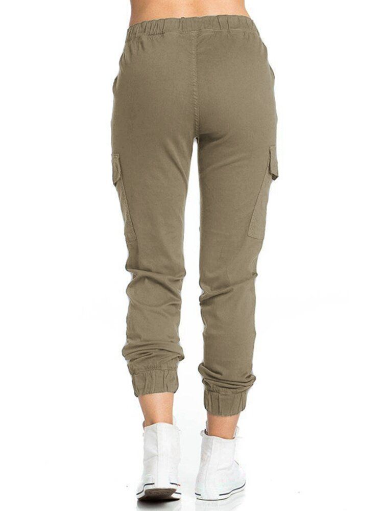 Pantalones De Bolsillos Laterales Con Cordón De Cintura Elástica Informal Para Mujer