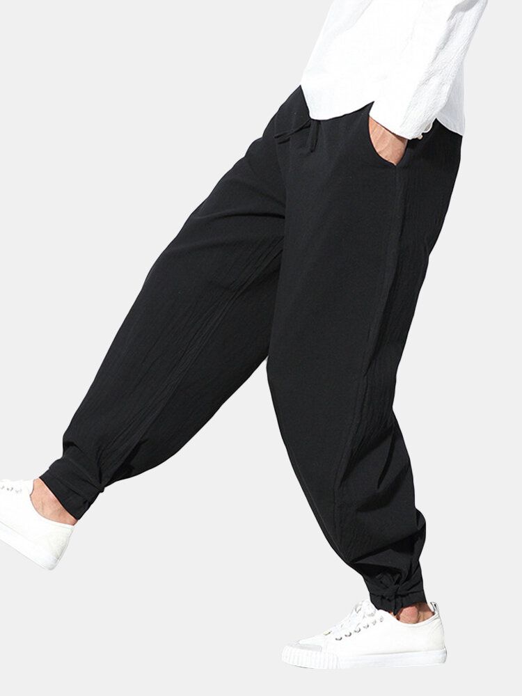 Pantalones Bombachos Con Puños Sólidos De Algodón Para Hombre Pantalones Con Cordón De Estilo Nacional Con Bolsillo