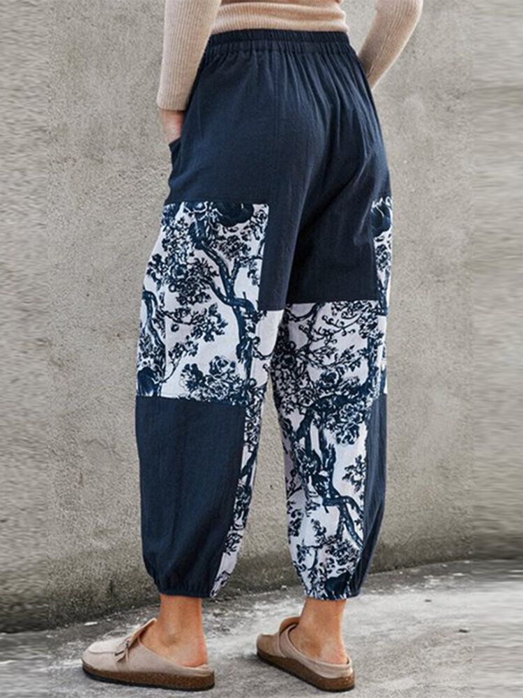 Pantalones Bombachos Con Puños Y Cintura Elástica Con Estampado De Plantas Y Estampado De Plantas Para Mujer Con Bolsillo