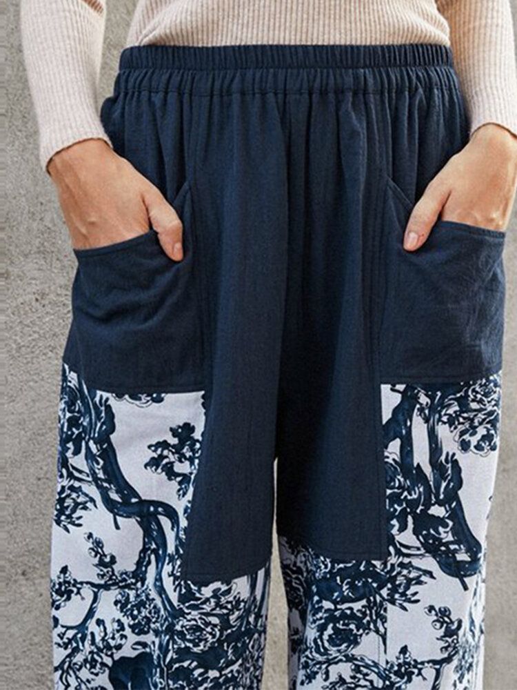 Pantalones Bombachos Con Puños Y Cintura Elástica Con Estampado De Plantas Y Estampado De Plantas Para Mujer Con Bolsillo