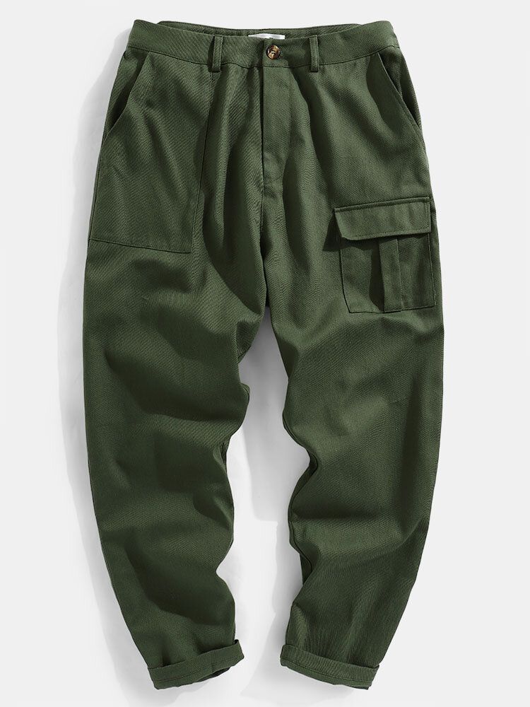 Pantalones Cargo De Ajuste Relajado Con Mosca Con Cremallera 100% Algodón De Color Sólido Para Hombre