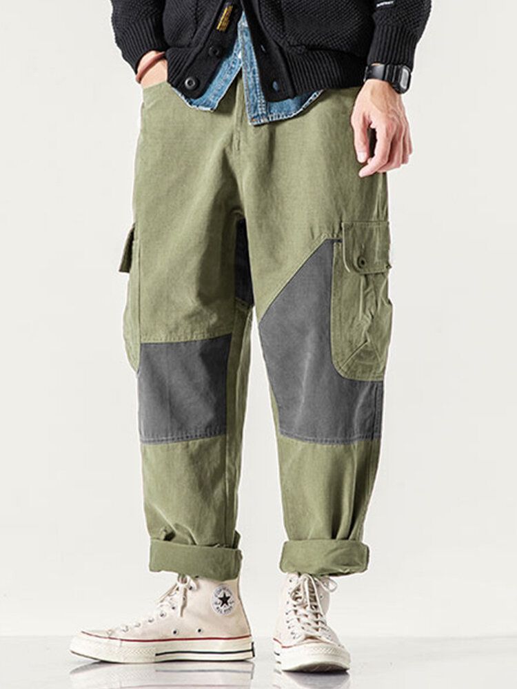 Pantalones Cargo De Algodón Casual Con Cremallera Y Patchwork Para Hombre Con Bolsillo