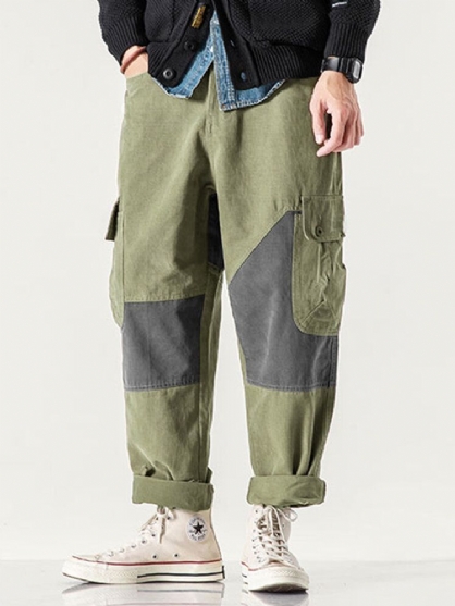 Pantalones Cargo De Algodón Casual Con Cremallera Y Patchwork Para Hombre Con Bolsillo