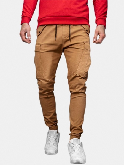 Pantalones Cargo De Bolsillo De Cintura Media Con Cordón De Color Sólido Para Hombre