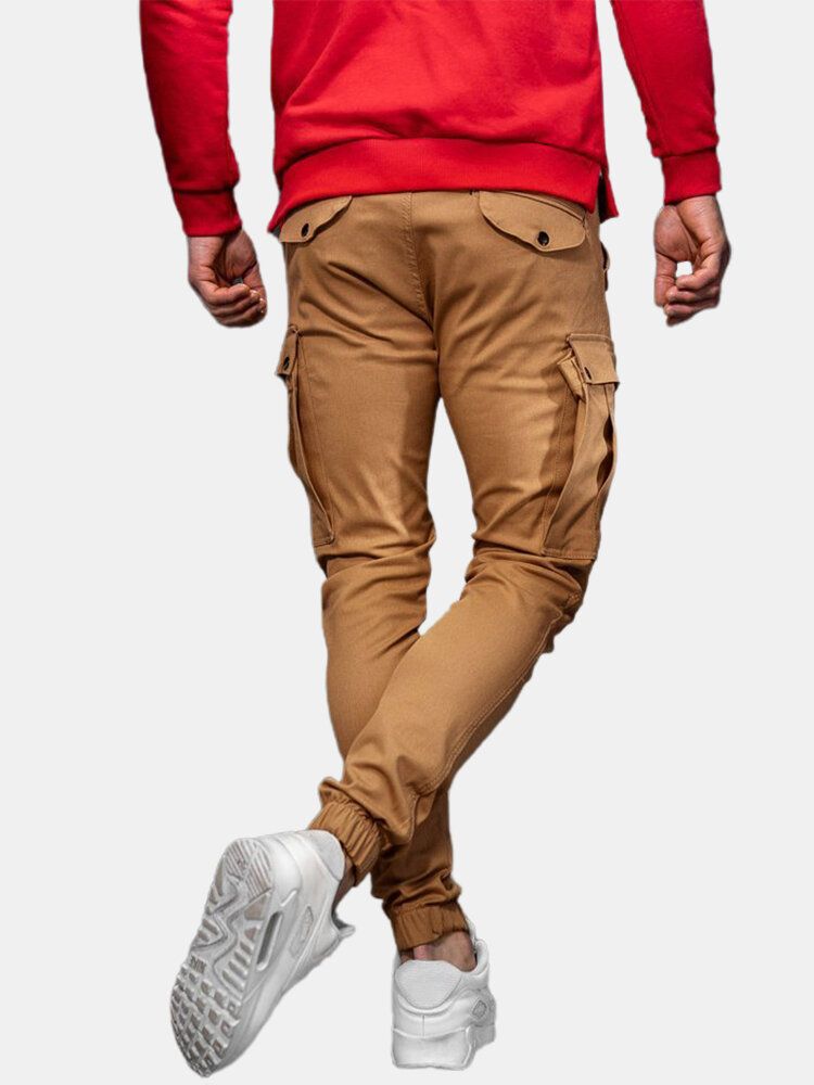 Pantalones Cargo De Bolsillo De Cintura Media Con Cordón De Color Sólido Para Hombre