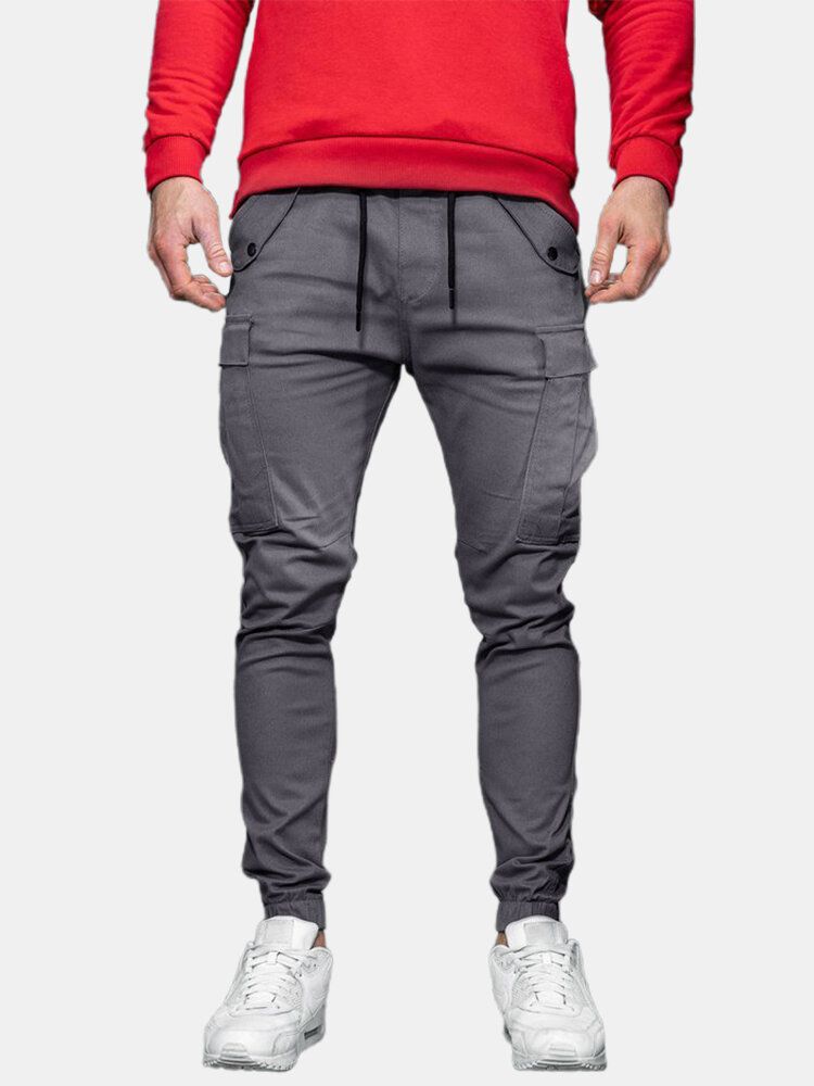 Pantalones Cargo De Bolsillo De Cintura Media Con Cordón De Color Sólido Para Hombre