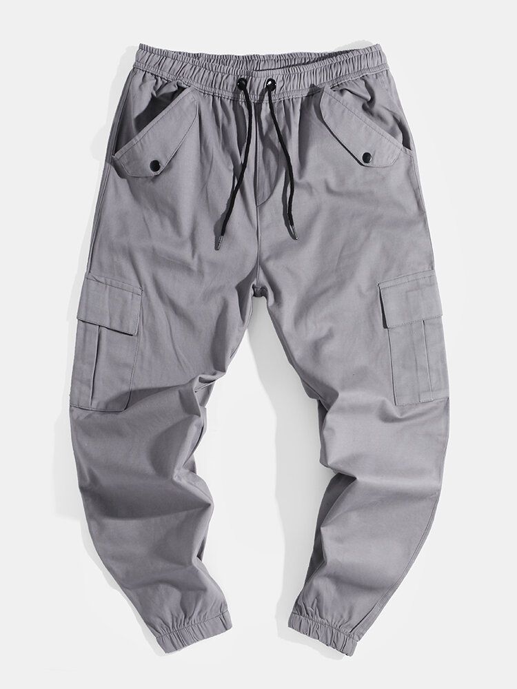 Pantalones Cargo De Bolsillo De Cintura Media Con Cordón De Color Sólido Para Hombre