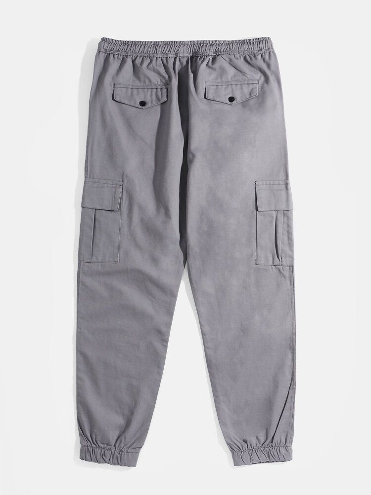 Pantalones Cargo De Bolsillo De Cintura Media Con Cordón De Color Sólido Para Hombre