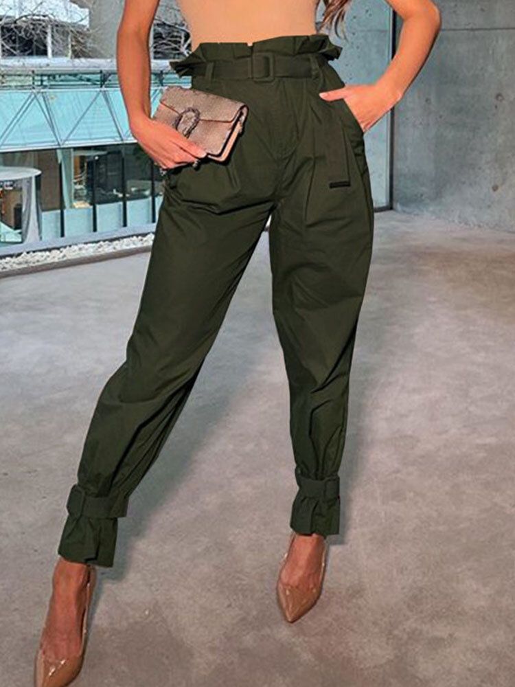 Pantalones Cargo Casuales De Cintura Alta Con Puño Con Cinturón De Color Sólido Para Mujer Con Bolsillo