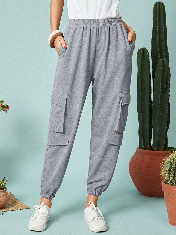 Pantalones Cargo Casuales Con Bolsillo En La Cintura Elástica De Color Sólido Para Mujer