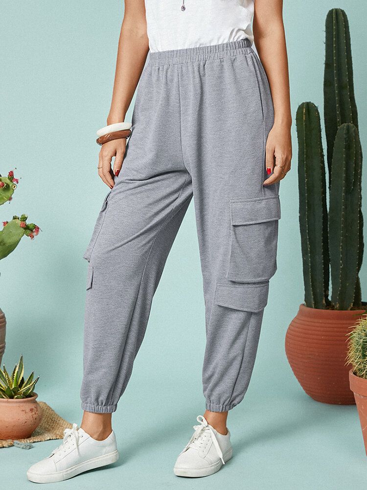 Pantalones Cargo Casuales Con Bolsillo En La Cintura Elástica De Color Sólido Para Mujer