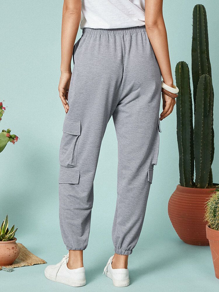 Pantalones Cargo Casuales Con Bolsillo En La Cintura Elástica De Color Sólido Para Mujer