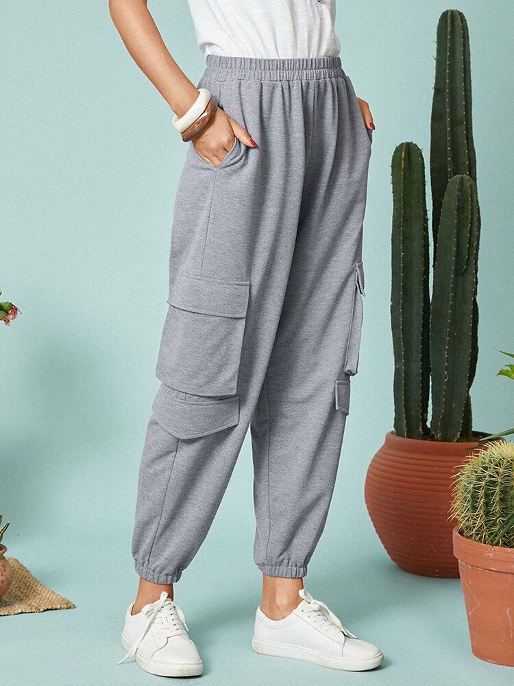 Pantalones Cargo Casuales Con Bolsillo En La Cintura Elástica De Color Sólido Para Mujer