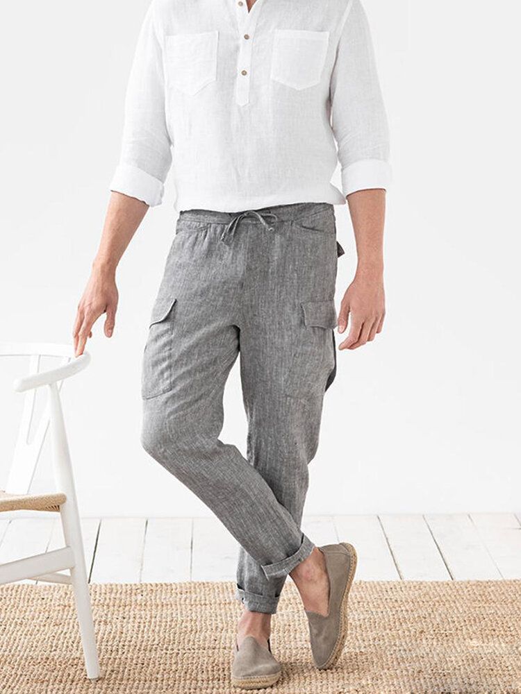 Pantalones Cargo Casuales Con Cordón De Color Sólido De Lino De Algodón Para Hombre