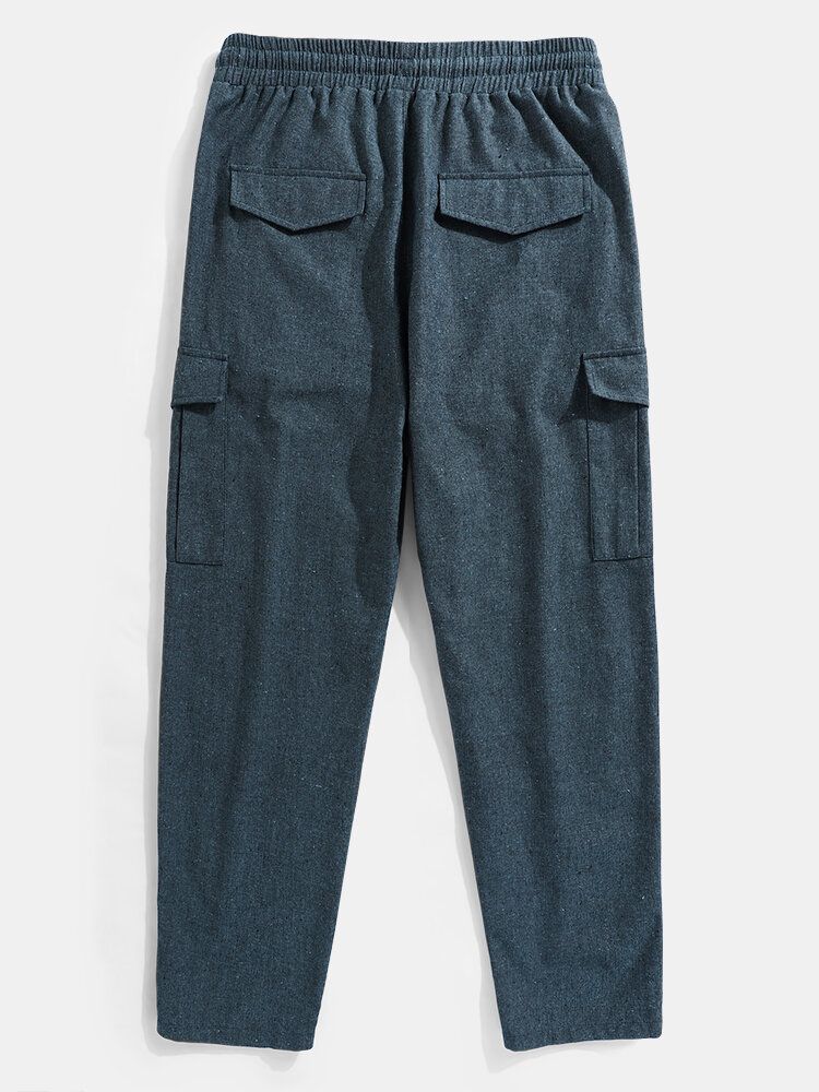 Pantalones Cargo Casuales Con Cordón De Color Sólido De Lino De Algodón Para Hombre