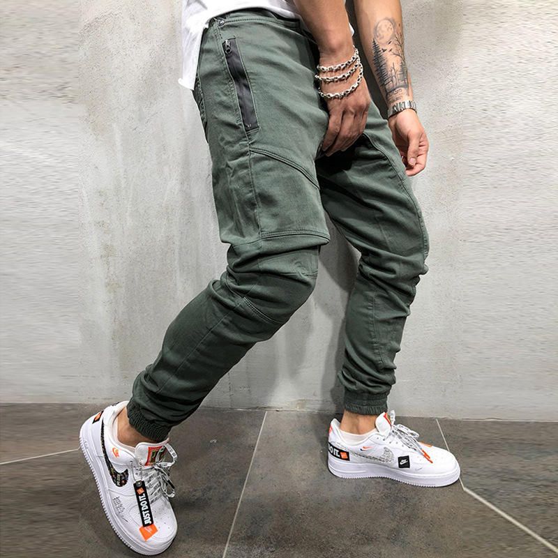 Pantalones Cargo Casuales Con Múltiples Bolsillos Con Cordón Y Cintura Elástica Para Hombre