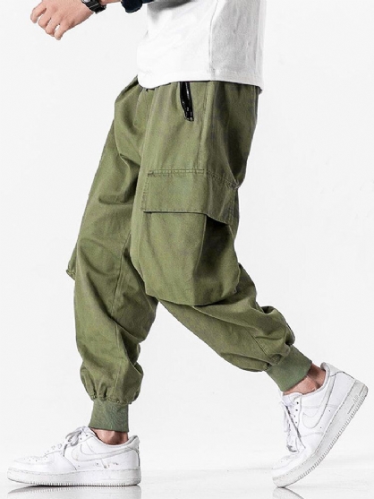 Pantalones Cargo De Cintura Con Cordón De Color Sólido 100% Algodón Para Hombre