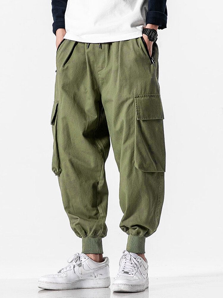 Pantalones Cargo De Cintura Con Cordón De Color Sólido 100% Algodón Para Hombre