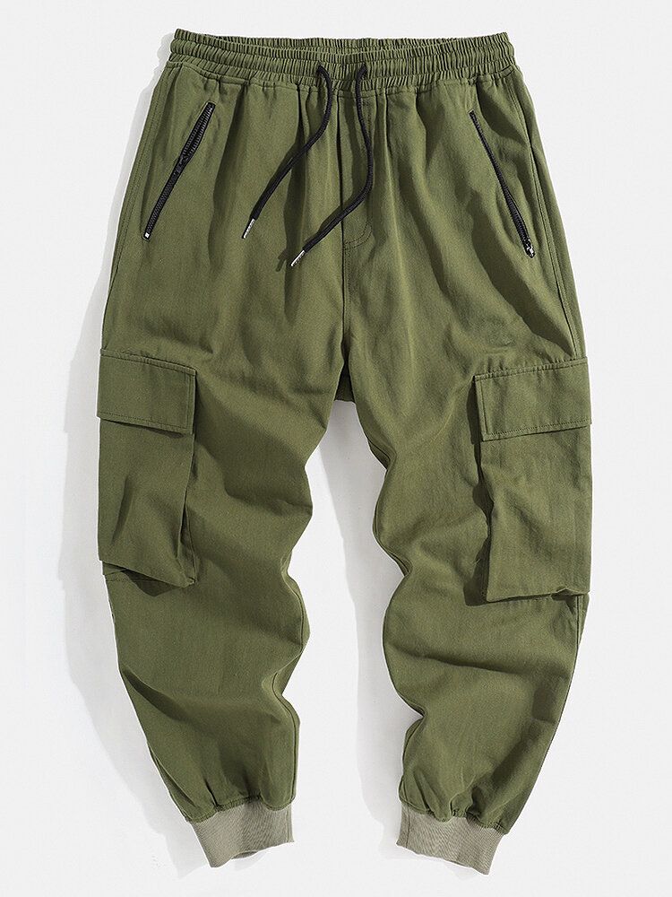 Pantalones Cargo De Cintura Con Cordón De Color Sólido 100% Algodón Para Hombre