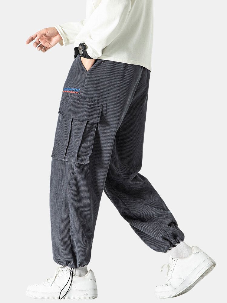 Pantalones Cargo De Cintura Elástica Con Bolsillo De Pana De Color Sólido Para Hombre