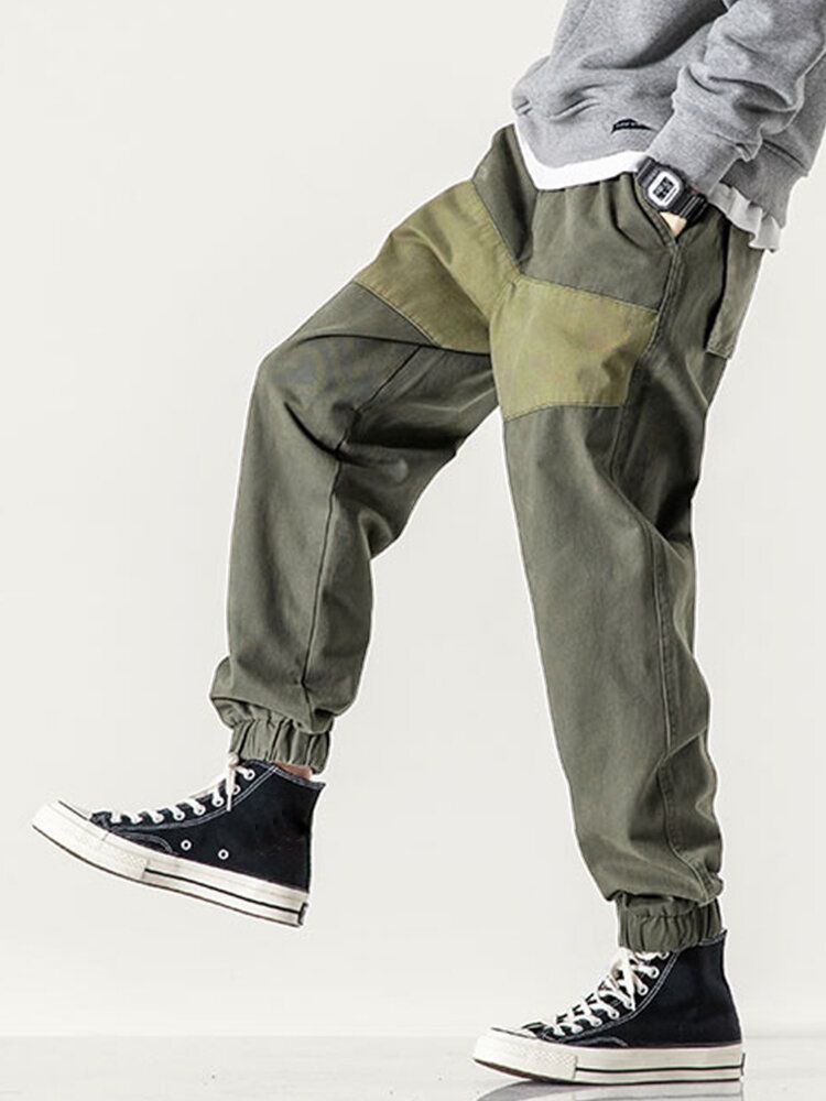 Pantalones Cargo De Cintura Elástica Con Cordón De Retazos De Algodón 100% Para Hombre Con Bolsillo