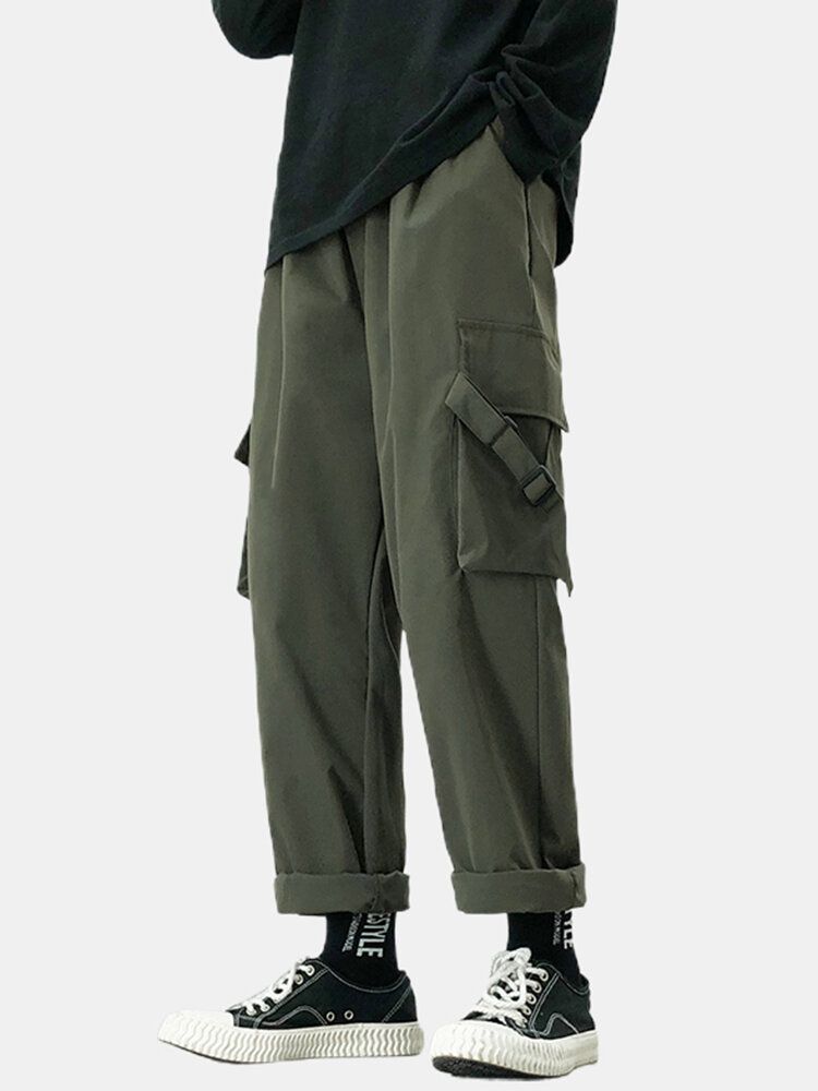 Pantalones Cargo De Cintura Media De Color Sólido Con Cintura Elástica Con Cordón De Bolsillo Para Hombre