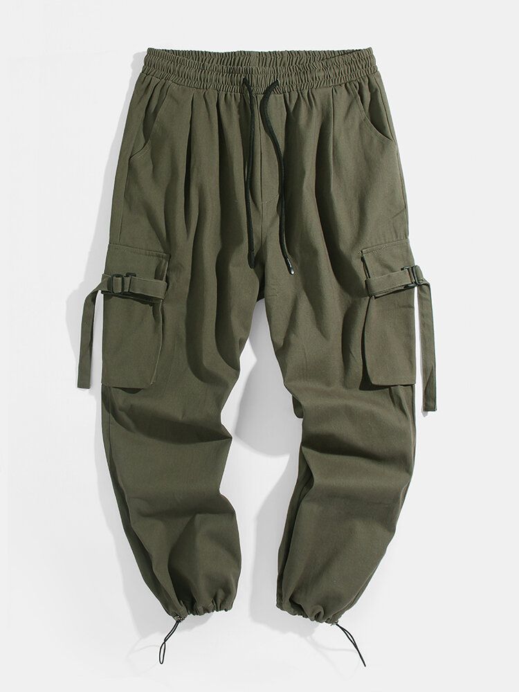 Pantalones Cargo De Cintura Media De Color Sólido Con Cintura Elástica Con Cordón De Bolsillo Para Hombre